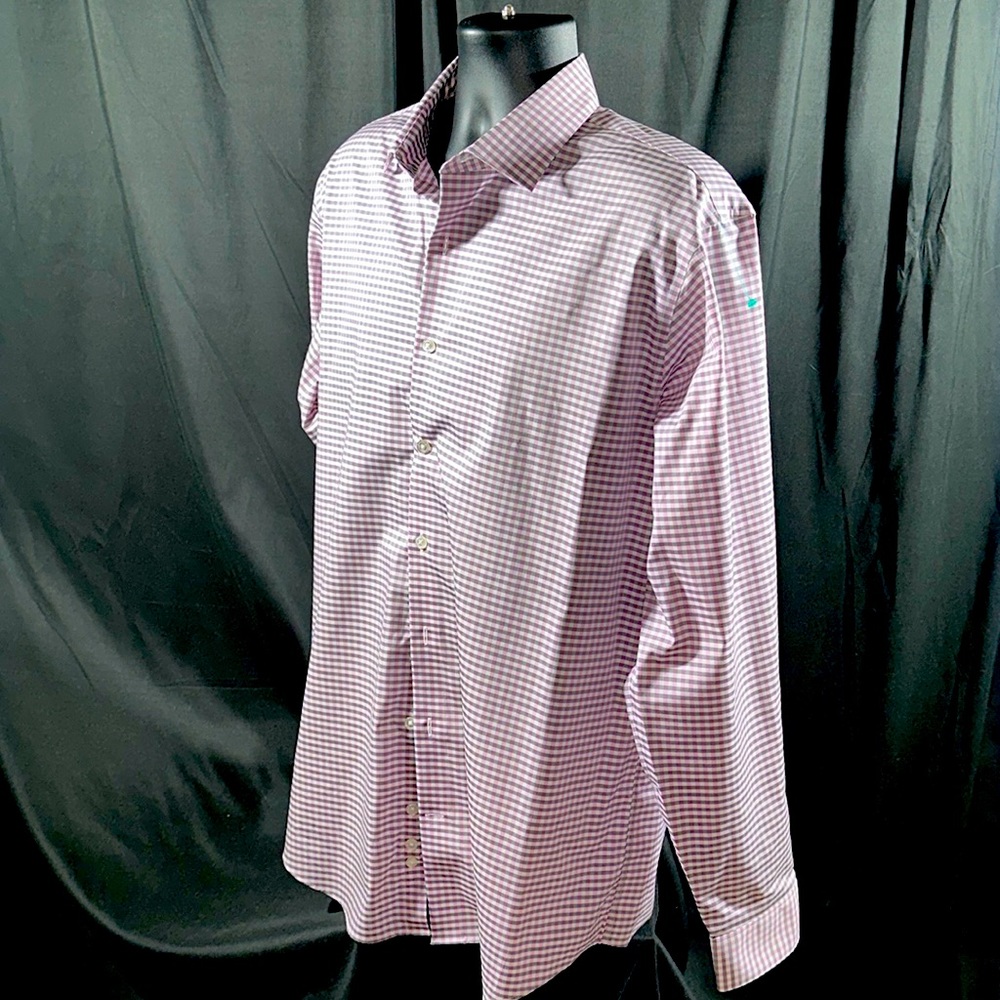 Kenneth Cole button down shirt. Size L (16.5). Mens. Pink,white and gray plaid.
